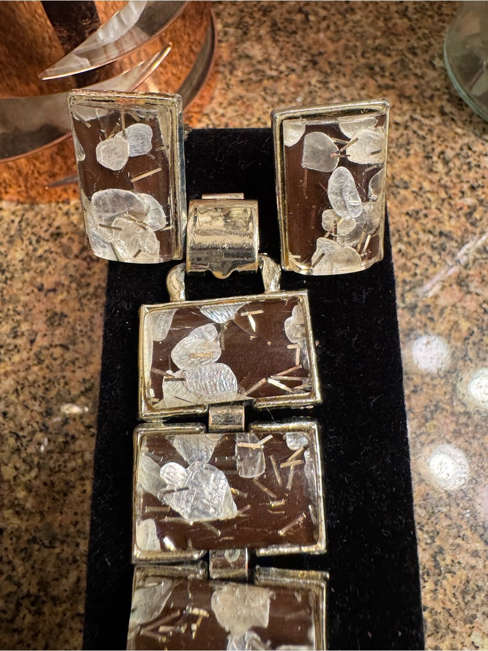 Vintage Silver Leaf Resin‎ Bracelet Confetti  and Earrings Set - Brown & Silver